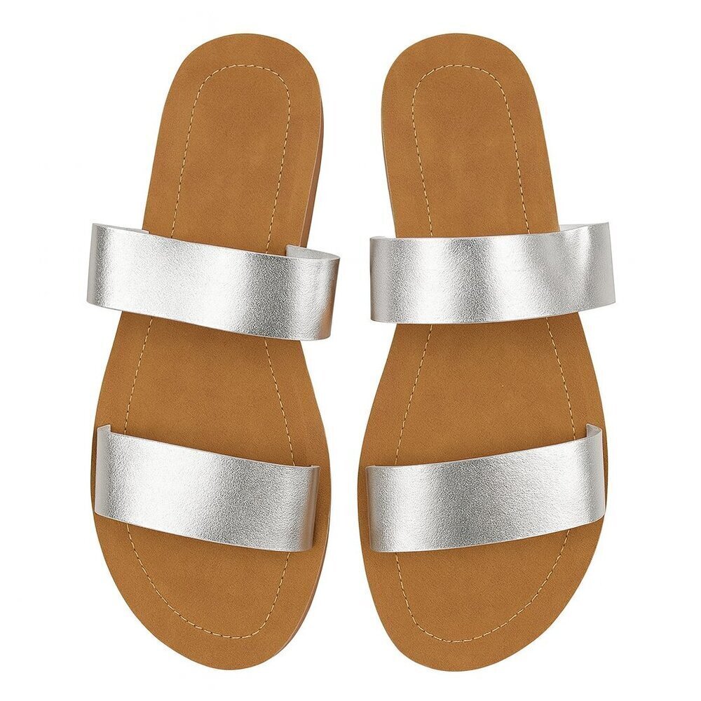 AOAOA Women Metallic Silver Double Strap Slide Sandals 10M NIB